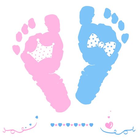 Twin baby girl and boy feet prints arrival greeting card with crown and tie bow vectorのイラスト素材