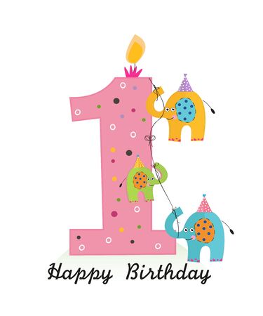 Happy first birthday with elephants baby girl greeting card vectorのイラスト素材