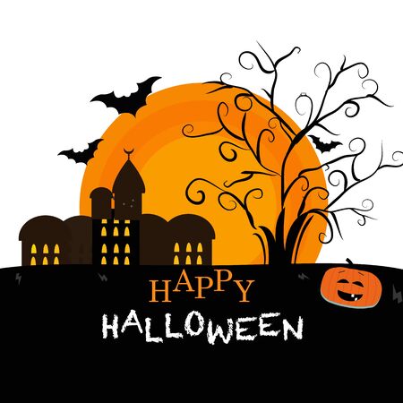 Happy halloween greeting card with funny pumpkins, home and batのイラスト素材