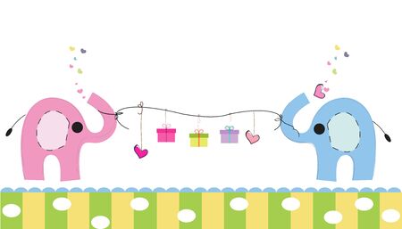 Cute elephants with gift box vector background. Happy birthday greeting cardのイラスト素材