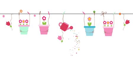 Spring time floral background. Hanging colorful flower pots.Happy vector backgroundのイラスト素材