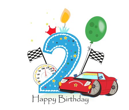 Second birthday greeting card. Car vector illustration backgroundのイラスト素材