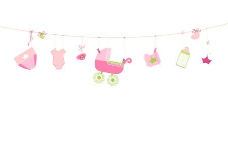 Baby shower card. Baby boy hanging symbols illustrationのイラスト素材