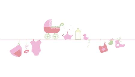 Baby shower card. Baby boy hanging symbols illustrationのイラスト素材
