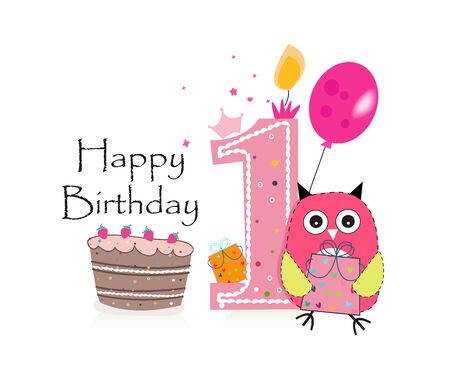 First birthday greeting card. Cute pink owl, balloon and birthday cake vector backgroundのイラスト素材