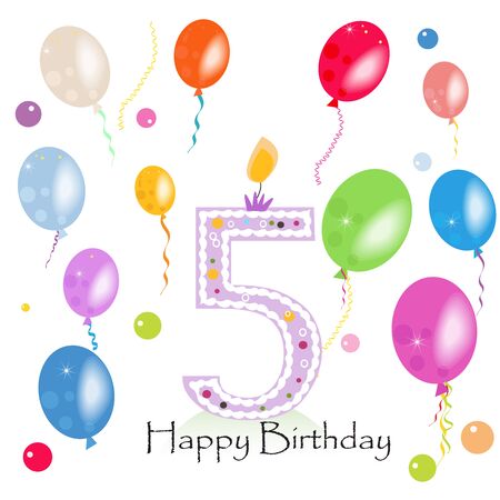 Happy fifth birthday candle vector with colorful confetti and balloons vector illustrationのイラスト素材