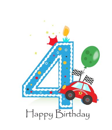 Happy fourth birthday candle. Baby boy greeting card with race car vector illustrationのイラスト素材
