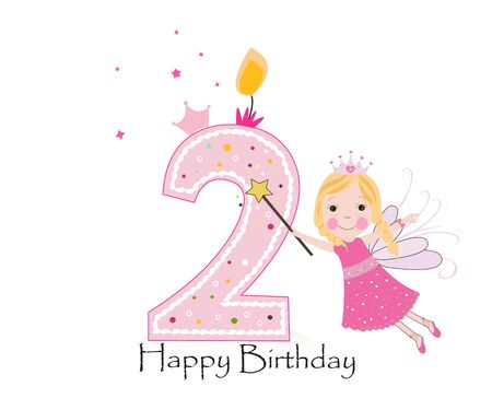 Happy second birthday candle. Baby girl greeting card with fairy tale vector backgroundのイラスト素材
