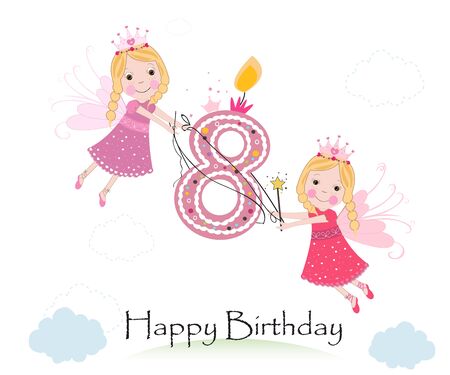 Happy eight birthday with cute fairy tale greeting card vectorのイラスト素材