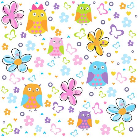 Colorful owl, butterflies and flowers vector patternのイラスト素材