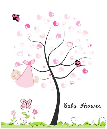 Baby shower greeting card. Made of heart tree. Doodle flowers, baby, ladybird vector illustratioのイラスト素材