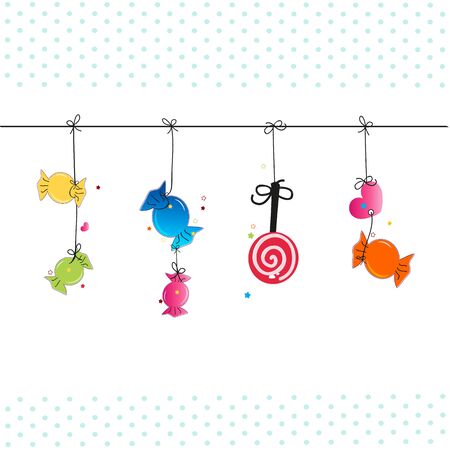 Hanging colorful sweet candies. Traditional candies for Seker Bayram Holiday. Greeting card vector illustrationのイラスト素材