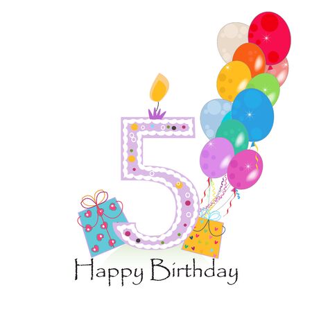Happy fifth birthday candle vector with colorful confetti and balloonsのイラスト素材
