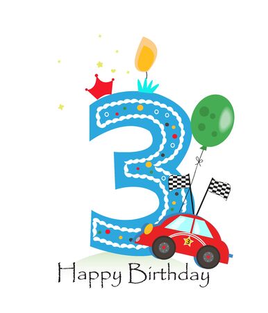 Happy third birthday candle. Baby boy greeting card with race car vector illustrationのイラスト素材