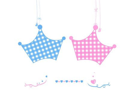 Twin baby boy and girl with crown baby arrival greeting card vectorのイラスト素材