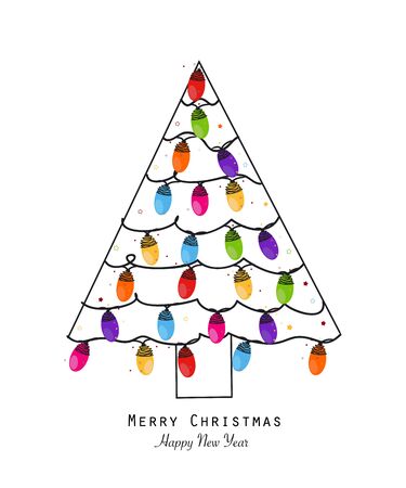 Colorful Christmas light bulb tree new year greeting card vectorのイラスト素材