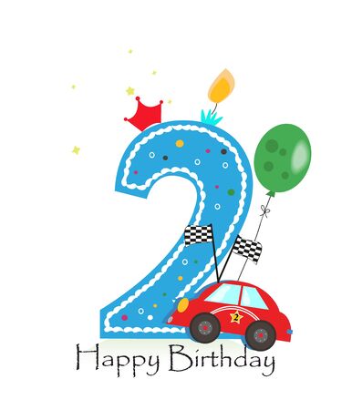 Happy second birthday candle. Baby boy greeting card with race car illustratioのイラスト素材