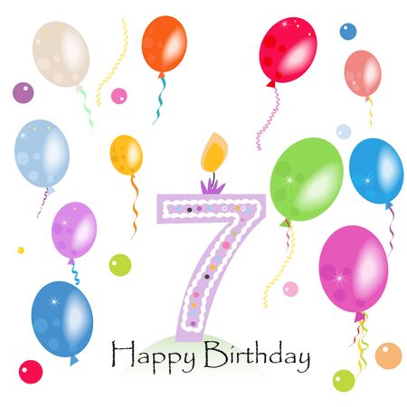 Happy seventh birthday candle vector with colorful confetti and balloons vector illustration. Happy birthday cardのイラスト素材