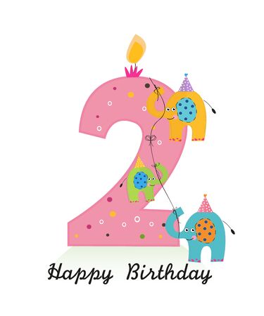 Happy second birthday with elephants baby girl greeting cardのイラスト素材