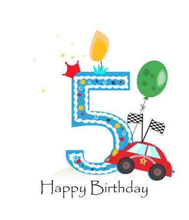 Happy fifth birthday candle. Baby boy greeting card with race car vector illustrationのイラスト素材