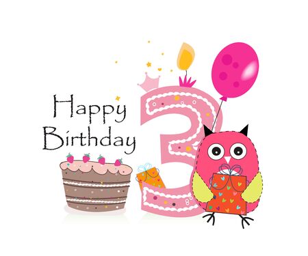 Happy third birthday greeting card. Cute pink owl, balloon and birthday cake vector backgrounのイラスト素材