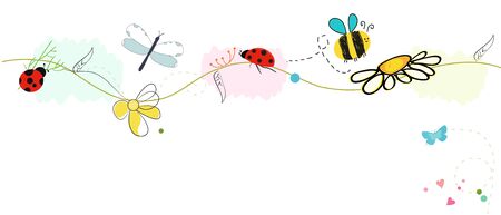Daisy field and lady bird spring pattern vector backgroundのイラスト素材