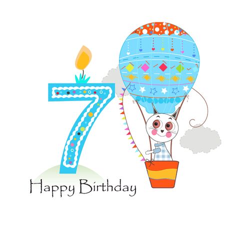 Seventh birthday with hot air balloon and cute cats. Happy birthday greeting cardのイラスト素材