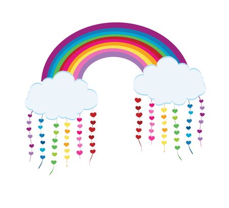 Weather icon. Rainbow clouds, long shadows and hearts vector illustrationのイラスト素材