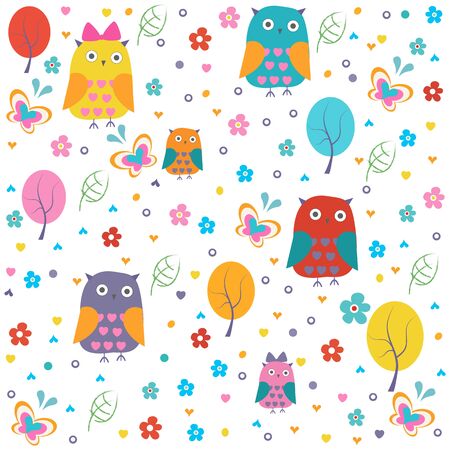 Colorful owl, butterflies and flowers vector patternのイラスト素材