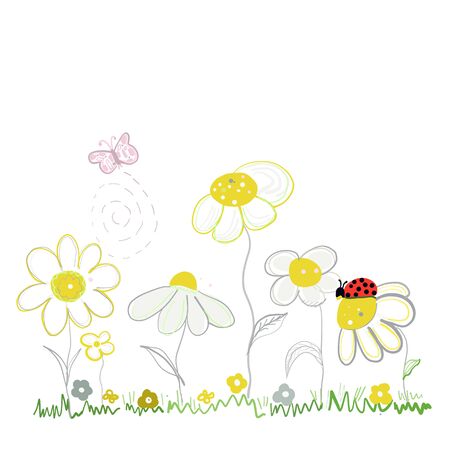 Spring time daisies. Daisy and lady birdのイラスト素材