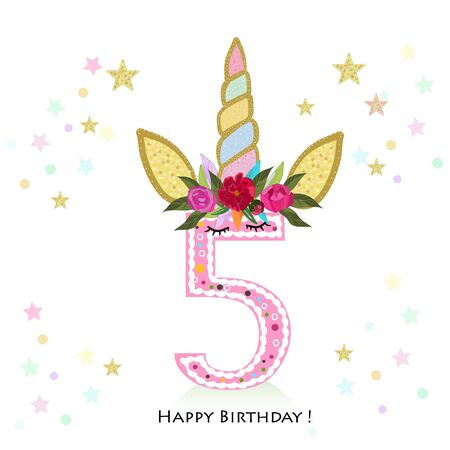 Fifth birtday. Five. Unicorn Birthday invitation. Party invitation greeting cardのイラスト素材