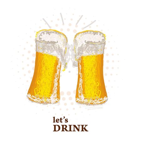 Two glasses of beer toasting creating splash.Beer festival. Beer glassのイラスト素材