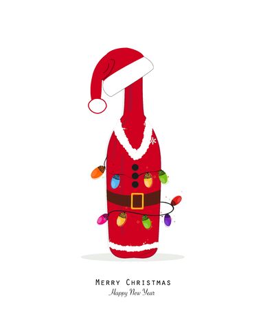 Santa Claus. Christmas champagne bottle with colorful christmas light bulbのイラスト素材