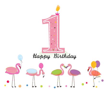 One candle. Happy first birthday candle letter. Exotic birds. Set of different poses. Colorful Flamingoのイラスト素材