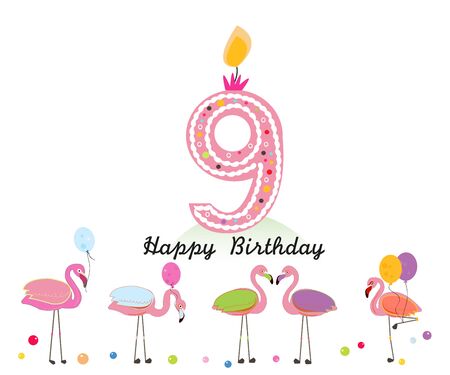 Nine candle. Happy ninth birthday candle letter. Exotic birds. Set of different poses. Colorful Flamingoのイラスト素材