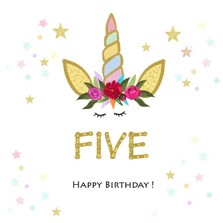 Fifth birtday. Five. Unicorn Birthday invitation. Party invitation greeting cardのイラスト素材