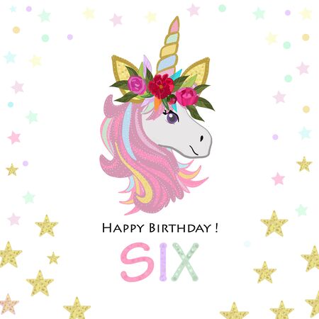 Six birthday greeting. Sixth. Magical Unicorn Birthday invitation. Party invitation greeting cardのイラスト素材