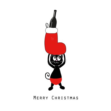 Cute black cat holding Christmas sock and champagne bottle. Happy new year and Merry Christmasのイラスト素材