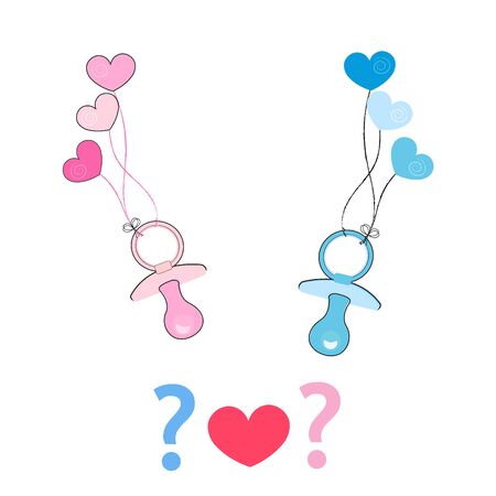 Baby girl, baby boy soother with hearts balloon. Coming soon baby. Baby gender reveal symbolのイラスト素材