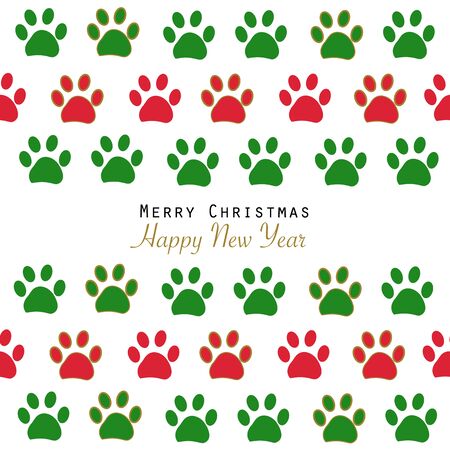 Merry Christmas and happy new year greeting card with red and green cat or dog paw printsのイラスト素材