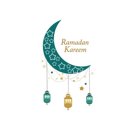 Ramadan Greeting card with gold and green colored moon, crescent and stars. Traditional lanternのイラスト素材