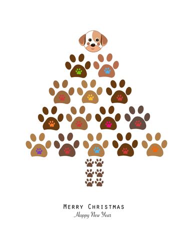 Made of paw print christmas tree with colorful paw print and cute dog. Christmas pine treeのイラスト素材
