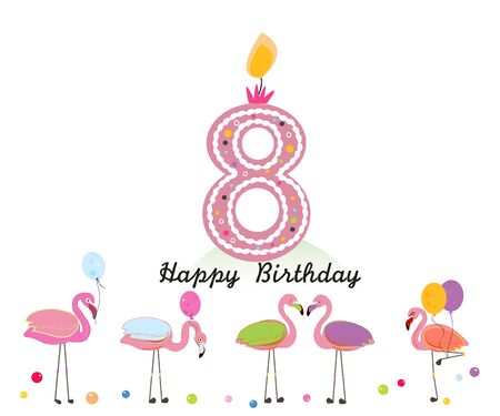 Eighth candle. Happy eighth birthday candle letter. Exotic birds. Set of different poses. Colorful Flamingoのイラスト素材