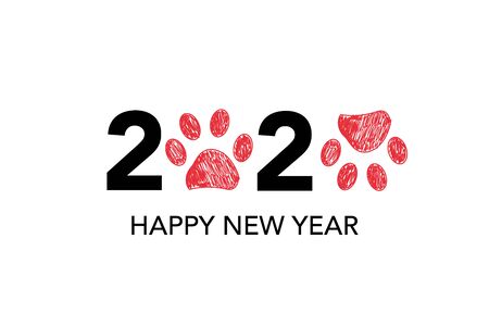 Happy new year greeting card with 2020 text and doodle red paw printsのイラスト素材