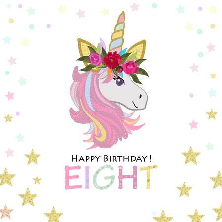 Eighth birthday. Eight. Unicorn Birthday invitation. Party invitation greeting cardのイラスト素材