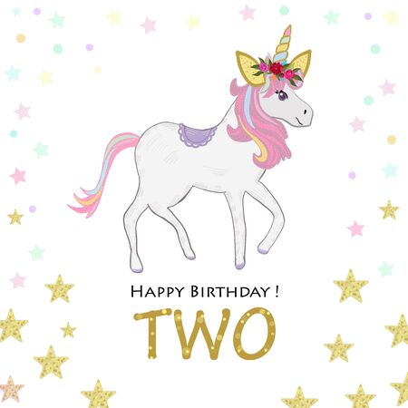Second birthday. Two. Unicorn Birthday invitation. Party invitation greeting cardのイラスト素材