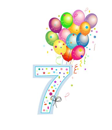 Happy seventh birthday candle. Seven numbered balloon. Colorful balloons. Greeting card backgroundのイラスト素材