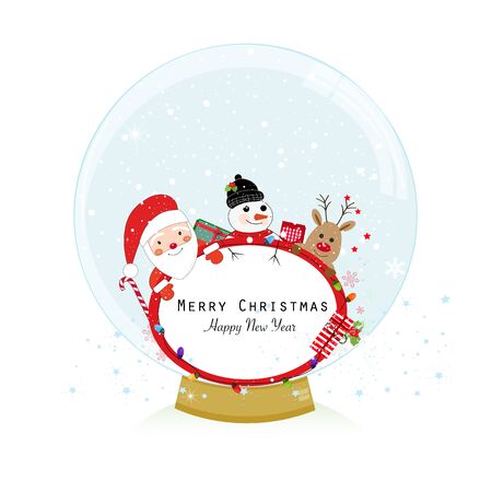 Snow globe. Santa claus, deer and snow man. Happy new year merry christmas greeting cardのイラスト素材