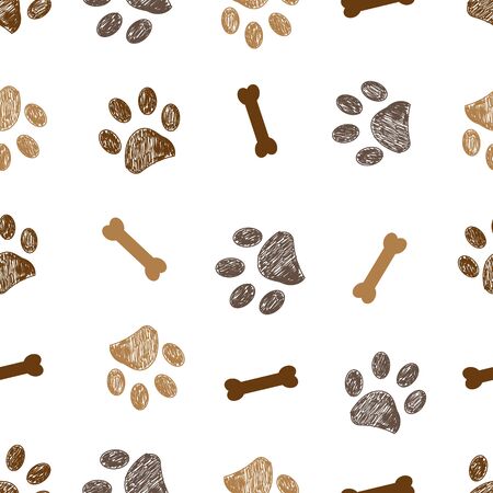 Seamless pattern for textile design. Brown doodle paw print and bones pattern backgroundのイラスト素材