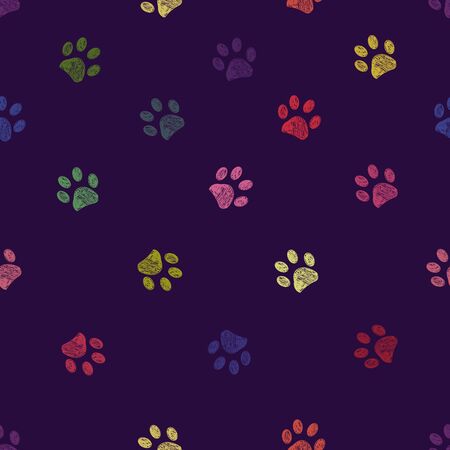 Orange, yellow and white doodle paw prints with black background seamless pattern. Happy Halloween backgroundのイラスト素材